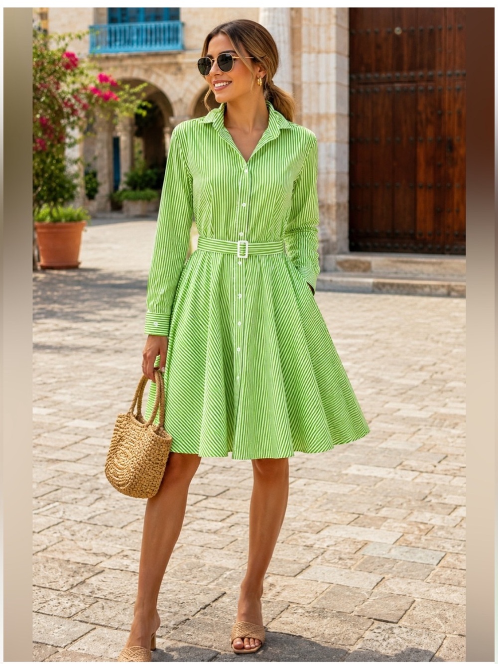 Polo Ralph Lauren Green White Striped Belted Fit & Flare Shirt Dress Size 6